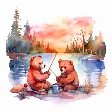 watercolor big bear and little bear clipart, sitting together, fishing on lake, with beautiful background of a sunset, bright colors, on a white background