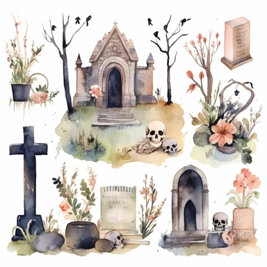 gloomy watercolor cemetery things clipart