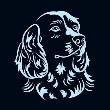 the image of a white Blue Picardy Spaniel on black is shown, in the style of stencil art, heavy outlines, flickr, hard edge, sculpted, woodcut, clipart cut file cuttable cricut vector