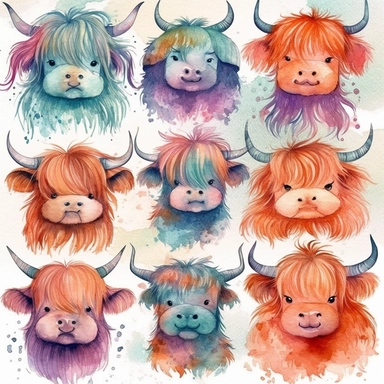 Watercolor Funny Highland Cow Illustration Bundle, Digital JPG Files, Digital Paper, Scrapbooking, Nursery Wall Art, Printable Home Decor, Clipart