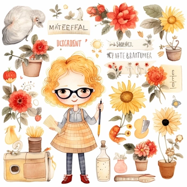 clipart set Cute illustration Teacher's Day watercolor clipart, Dear Teacher planner graphics, Cute kawaii teacher sticker, flower