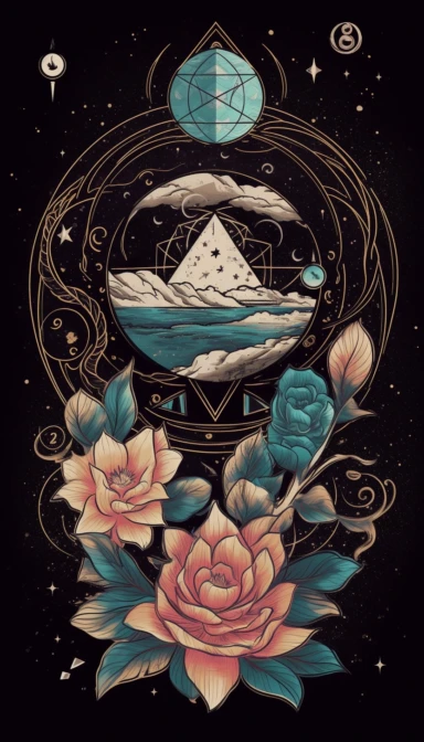 tattoo clipart, minimalism art decor image of a vector moon, Buddha, lotus flowers, peonies, stars and planets, vertical, sacred geometry, tiny, metallic colors, spiritual, vector, phone wallpaper, high quality image, vector, logo, pastel, triangle and sacred geometry, dark background