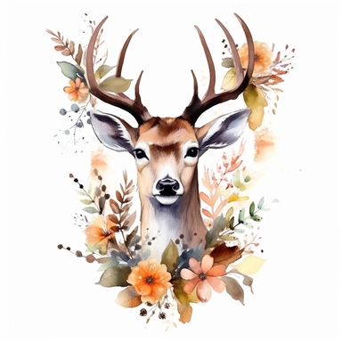 Cute Beautiful Deer Buck Floral Watercolor Sublimation Clipart, Cartoon,hyper realistic, intricate detail, illustration style,high solution,on the white background