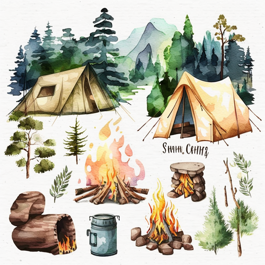 Camping clipart, camp clip art, watercolor camp fire, woods, tent ...