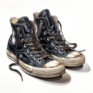 hand drawn , watercolor, hyper realistic, white background, white margins, 16k, ultra detailed clipart, cut out image, hand-drawn, ultra HD, sharp and clean art , a black pair of vintage old worn sneakers 1940 -1950 era , capturing the romantic and feminine aesthetics often associated with vintage fashion and travel, Clipart
