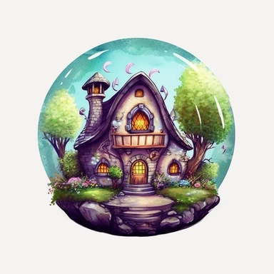 watercolor fairy house globe, illustration clipart, detailed, black outline, white background, digital art
