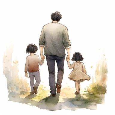view of back, father holding daughter and boy hand walking away, black hair, Watercolor Clipart, strybk, full Illustration, chibi kawaii, 8k, sharp focus, watercolor, smooth soft skin, symmetrical, soft lighting, detailed face, concept art, muted colors, children's style fairy tales, Octane rendering, 3D, Craig Davison, Aubrey Beardsley, Conrad Roset, Aikut Aidogdu, Agnes Cecil