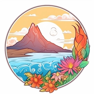 Sticker, clipart, bright colors, Brush painted volcano with tulip flower inside and coastline beneath ,contour, vector, white background, white outline, circle frame.