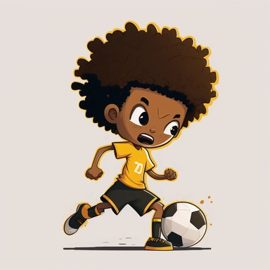 biracial, eight year old boy with short curly brown hair, kicking a soccer ball yellow shirt black shorts Clipart - - upbeta - - v 5 - - s 750