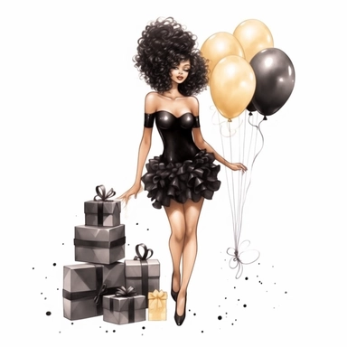 birthday black girl wearing black dress full body and gift boxes, fantasy clipart, on white background, hd, watercolor art