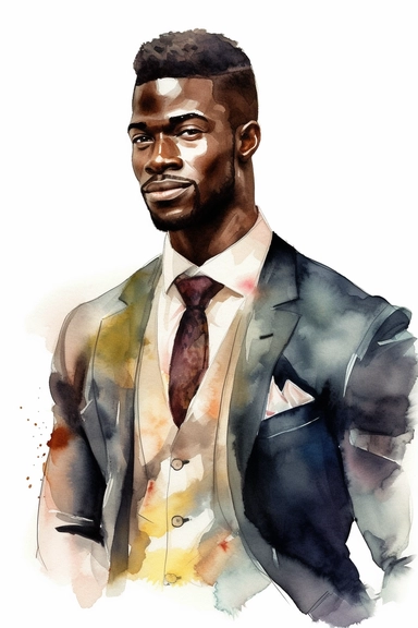 Watercolor Clipart Athletic MUSCLE Man in Suit Businessman Handsome Black Skin No Text