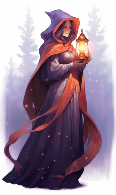 light watercolor pencil sketch, bright, clipart on white background, dreamy, Studio Ghibli, Woman holding a lantern. Dark purple, dark blue, orange palette. Gorgeous woman with Halloween inspired ball gown holding a lantern . Calico cats. Long velvet cape and hood.
