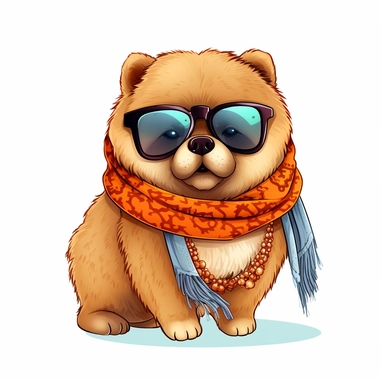 cute funny kawaii Chow Chow Puppy with Balenciaga sunglasses and cool necklaces or scarf, cute illustration, clipart, white backgound, Cuttable Design,full body