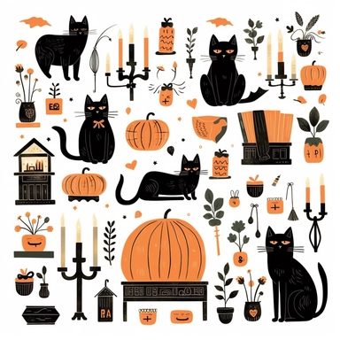 whimsical halloween clipart set, black cat, pumpkins, candles, sweets, ghosts, bats, spiders, haunted house, Minimal vintage, highly detailed, white background
