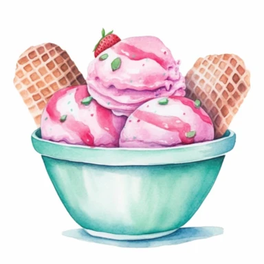 green ice cream scoops in stripy pink bowl pastel watercolor clipart, single image, white background