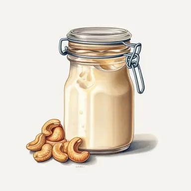 a captivating watercolor, hyper-realistic clipart image with a white background and white margins, portraying a jar of creamy cashew milk. The ultra-detailed, hand-drawn elements capture the smooth consistency and pale color of the cashew milk. Use bold shades of beige to create a visually enticing image that conveys the nutty essence of this dairy alternative.