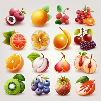 beautiful, 10 fruit stickers collection, clipart design, cartoon, 4k, white background, photo realism