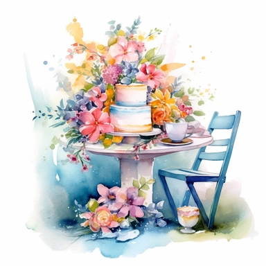 watercolor colorful clipart of a fancy garden party, hd, on white background