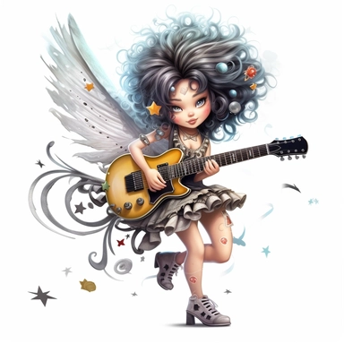 a beautiful fairy, punk rock star with guitar, cartoon, big wings, clipart, white background
