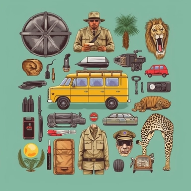 a set of clipart inspired by Wes Anderson and Raiders of the Lost Ark and travel and colonialism and stolen cultural relics and 1980s action figures