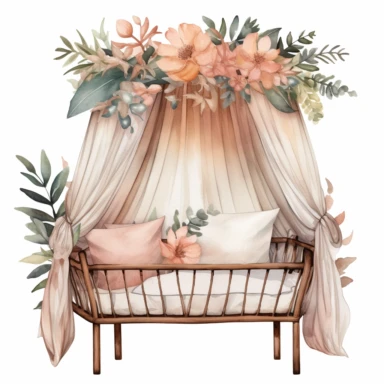 cute watercolor boho newborn baby crib clipart on white background