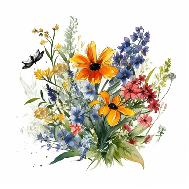 Watercolour Meadow-Inspired bouquet Extra large, Create a meadow-inspired arrangement by combining native UK and American flowers that bloom in meadows, Mix cowslips, cornflowers, and red campions from the UK with black-eyed Susans, goldenrods, and butterfly weeds from Americaplanted in a large wreath shape watercolour flower arrangement, clipart, vector, intermingled with greenery, white background, no captions, no vase, flower bed setting, aspect 2:2 repeat 5
