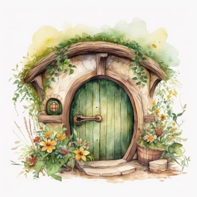 watercolor hobbit door clipart, white background