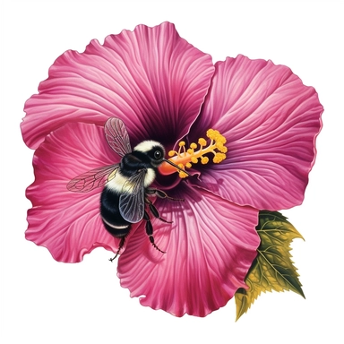 Fluffy Bumblebee on a hibiscus flower, highly detailed, acrylic paint, 16k, realistic, isolated on a white background, clipart