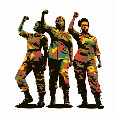low detail illustration, sillouhette of 3 black women holding up their right fist in a proud stance, wearing camouflage pants, red, yellow, green and black, clipart, white background