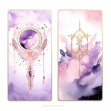 Tarot Cards, in the style of watercolor illustrations, pink and gold, soft lilac, magical and mystical, galaxy elements, modern minimal watercolor, on white background, clipart