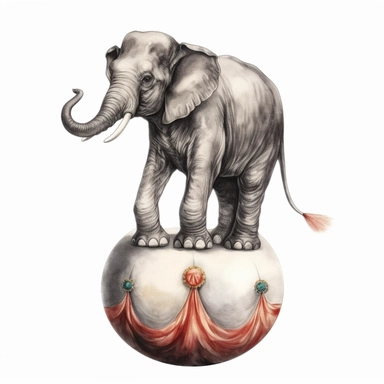 hand drawn vintage circus elephant standing on a ball, glamorous, soft, detailed and realistic, watercolor, clipart style, white background with margins