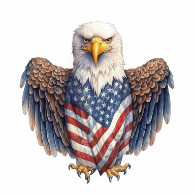 digital clipart, solid white background, a realistic bald flying eagle wearing 4th July apparel