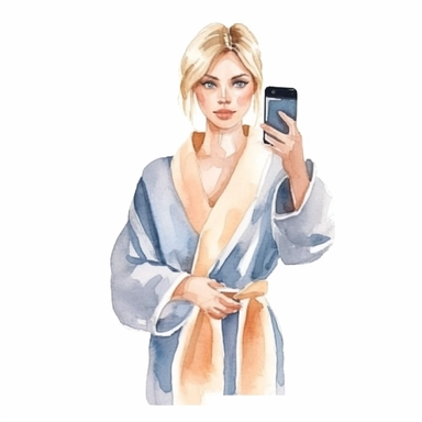 a feminine minimal watercolor sticker of a woman taking a selfie in a bathrobe. Watercolor. Clipart. Neutral color palette. White background. Artistic illustration. Minimal. Hand-drawn.