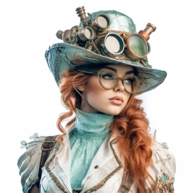 Solid white background. Waist-up portrait of a beautiful steampunk lady with a mesmerizing gaze and a gentle smile. Her radiant white skin accentuates her pastel aquamarine and copper outfit, blending Victorian aesthetics and steampunk mechanics. Her hat, featuring built-in goggles, enhances her ensemble. The backdrop is devoid of steampunk elements. Pastel clipart, hyper-realistic, retro-futurism, solid white background