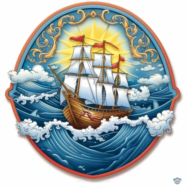 Visualize a whimsical sailing scene, framed within a heart-shaped border. The sailboat dances through vibrant waves, beneath a radiant sun and a sky filled with fluffy clouds. The illustration, blending clipart elements with hyper-realistic details, captures the charm of the boat, the intricate rigging, and the characters reveling in the journey. Against the white background, the high-resolution artwork within the heart-shaped frame emanates a sense of adventure, warmth, and love