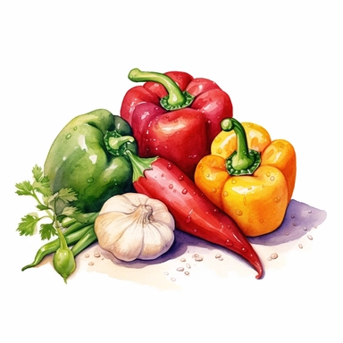 An enchanting watercolor, hyper - realistic clipart image with a white background and white margins, featuring stuffed bell peppers with quinoa, vegetables, and lean ground turkey. The ultra - detailed, hand - drawn elements capture the textures and colors of the peppers and stuffing. Use a whimsical touch to add a playful charm, and bold shades of various colors to create an appealing and visually captivating image