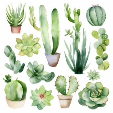 10 relaxed simple Watercolor Succulents Clipart Home watercolour plant Succulents digital clipart desert plant greenery png planner clipart Summer home decor, completely surrounded by white backround, zero overlap, no touching objects, all objects in the same foreground, no words