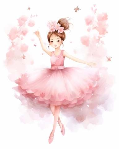 drawing watercolor clipart for a girl nursery of a beautiful chinese ballerina with pink flowers in her hair, sitting on a cloud in her pink ballerina clothes smiling, whilst sprinkling pink flowers. 8k.