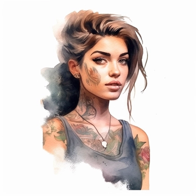 watercolor style, a beautiful girl with clearly visible tattoos, type of a creative person: graphic designer, freelancer, fashion designer, content manager or similar. Expressing freedom and self confidence. Modern and bold look. Realistic colors. Realistic picture. Tattoo of a good quality with clearly visible lines and colors - very sharp and clear. Clipart, isolated on white background, 4K