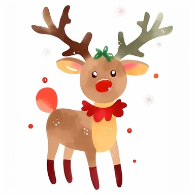 simplified clipart of christmas reindeer, simple shapes, no watermark, no lines, no outlines, clipart, featured on dribble, cartoon, minimalist, computer vector graphic design clip art, watercolor illustration clipart, watercolour clipart, watercolor illlustration for kids and children, book illustration, print on demand image, PNG tranparent background