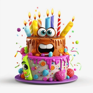 clipart of a messy two layer birthday cake, there is a funny face in the cake, candles, cartoon, for kids, funny, pixar, 8k, white background, sharp focus, detailed,