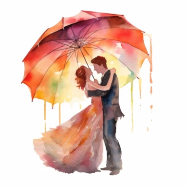 charming GROOM, holding an umbrella over his bride's head, protecting her from the sun, watercolor, Pixar style, Clipart on a white background