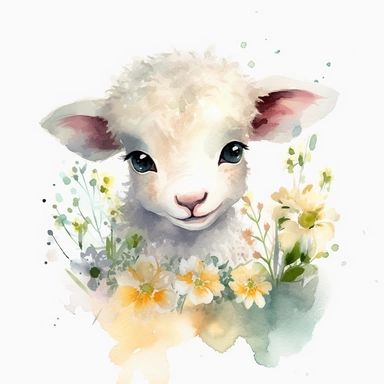 a moving baby lamb with cute big eyes, happy smiling face, cute animal, adorable, playful atitude, astrology, adorable watercolor animal clipart with a few plant and flowers decor, no background, high quality very sharp with clear focus