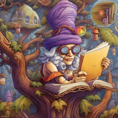 COMIC/CARTOON fantasy magical wacky witch reading books in a huge tree,large eyeglasses, hats, muted colors, swirls, twists, twirls, metallic, glitter, stylized, funny, centered, airbrushed, digital oil, detailed illustration, clip art, cartoon, 8k, ar 9:8
