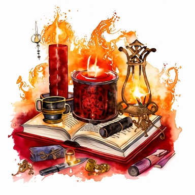 a wizzard study space with scrolls, candles, books, magical items, potions, watercolor, clipart, airbrush art, scientific illustrations, realistic color schemes, intense red and gold colors, white background