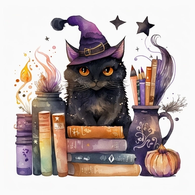 Watercolour cute black witches cat, wearing a witch hat, clipart. The cat is sitting on a bookshelf, surrounded by books and potions. Its fur is a mix of black and orange shades, and its eyes are looking directly at the viewer. The witch hat has a purple ribbon, and the cat is holding a feather quill in its paw. The bookshelf is in a dark, candlelit room, with cobwebs and a cauldron in the corner. The books have titles like 'The Art of Witchcraft' and 'Magical Potions and Spells.' The potions on