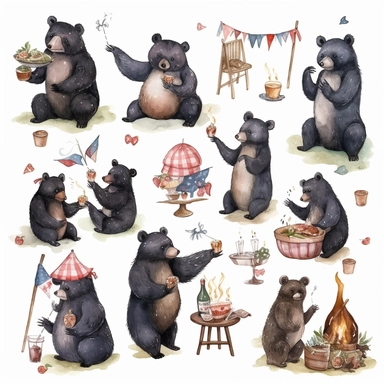 multiple poses characters of Black Bear enjoy with party in the garden, watercolor in medieval cartoon grunge style clipart on white background