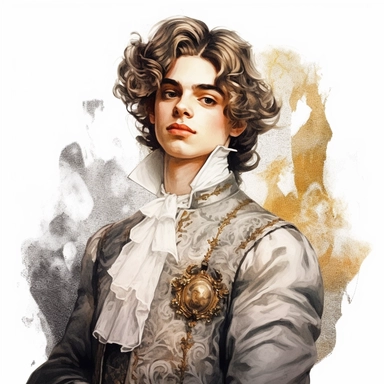 beautiful stunning handsome boy in vintage baroque fashion , paint art style, clipart, white background, superrealistic, one of a kind