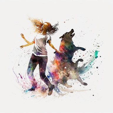 girl with dog dancing Watercolor Clipart, drip effect, clean white background, 16K Colors, clean white background