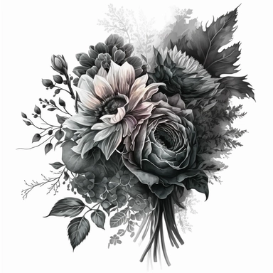 clipart watercolor detailed and realistic. on white background. beautiful flower tribute, Bouquet. dark theme, greyscale - loss funeral Themed tribute bouquet